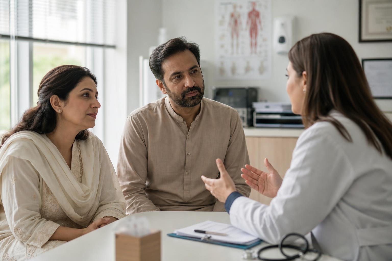 Young Pakistani couple discussing knee surgery options with a doctor in a consultation room